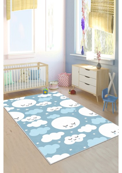 Makinede Yıkanabilir Kaymaz Taban Leke Tutmaz Mavi Yıldız Desenli Bebek ve Çocuk Odası Halısı Oyun Matı