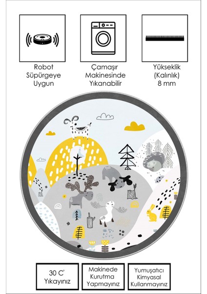 Makinede Yıkanabilir Kaymaz Taban Leke Tutmaz Gri Bebek ve Çocuk Odası Halısı