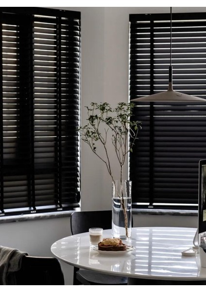 YS Perde Tasarım Wooden Blinds %100 Doğal Ahşap Jaluzi Perde 50MM, Alüminyum Kasalı Jaluzi - Siyah Kurdelalı