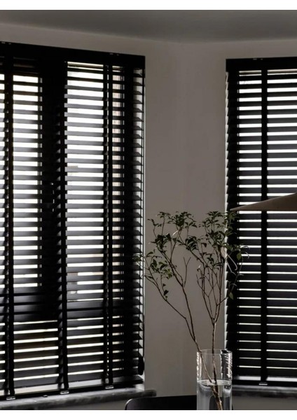 YS Perde Tasarım Wooden Blinds %100 Doğal Ahşap Jaluzi Perde 50MM, Alüminyum Kasalı Jaluzi - Siyah Kurdelalı