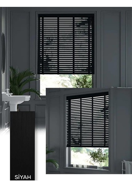 YS Perde Tasarım Wooden Blinds %100 Doğal Ahşap Jaluzi Perde 50MM, Alüminyum Kasalı Jaluzi - Siyah Kurdelalı