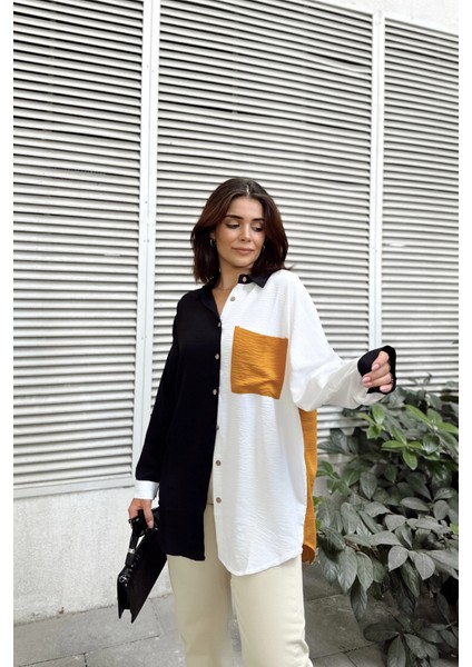 Kadın Siyah & Sarı Uzun Kol Detaylı Renk Bloklu Oversize Gömlek Cepli Uzun Tunik Gömlek