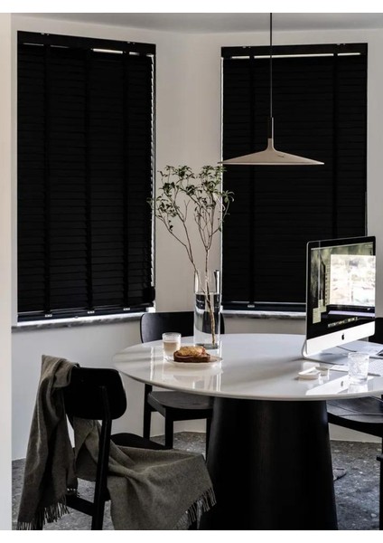 YS Perde Tasarım Wooden Blinds %100 Doğal Ahşap Jaluzi Perde 50MM, Alüminyum Kasalı Jaluzi - Siyah Kurdelalı