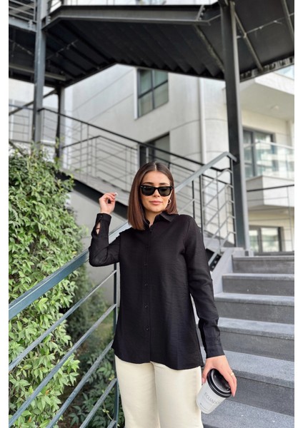 Kadın Siyah Klasik Yaka Uzun Kol Regular Kesim Standart Boy Gömlek (Özel Kumaş)