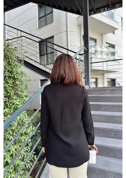 Kadın Siyah Klasik Yaka Uzun Kol Regular Kesim Standart Boy Gömlek (Özel Kumaş) modelleri