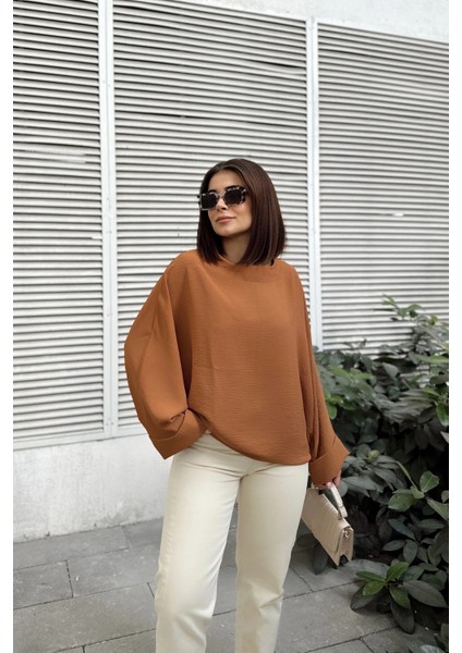 Kadın Taba Airobin Yarasa Duble Kol Salaş Bluz Ekstra Oversize Yuvarlak Yaka - Tesettüre Uygun