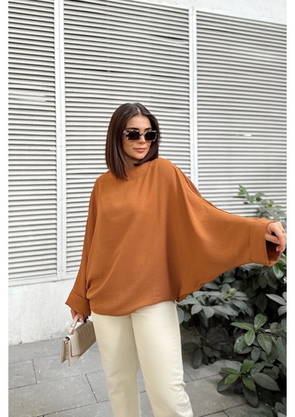 Kadın Taba Airobin Yarasa Duble Kol Salaş Bluz Ekstra Oversize Yuvarlak Yaka - Tesettüre Uygun fiyatları