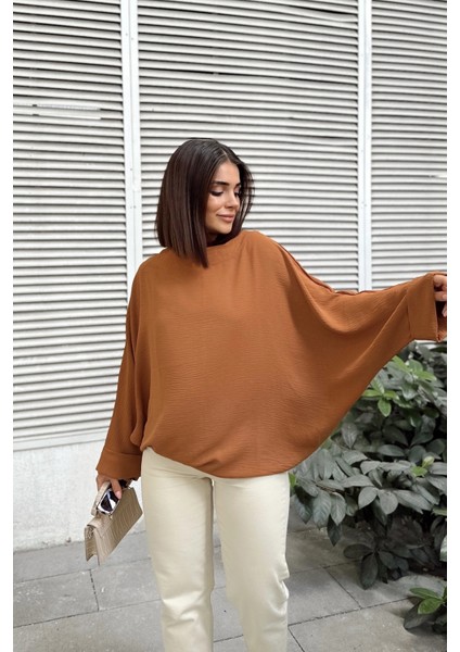 Kadın Taba Airobin Yarasa Duble Kol Salaş Bluz Ekstra Oversize Yuvarlak Yaka - Tesettüre Uygun modelleri