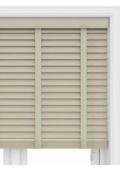 Wooden Blinds %100 Doğal Ahşap Jaluzi Perde 50MM, Alüminyum Kasalı Jaluzi - Bej Kurdelalı