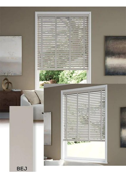 Wooden Blinds %100 Doğal Ahşap Jaluzi Perde 50MM, Alüminyum Kasalı Jaluzi - Bej Kurdelalı