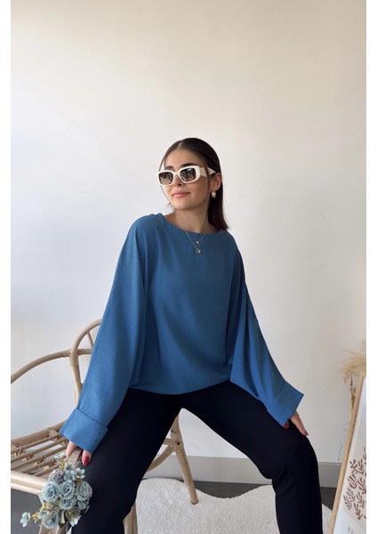 Kadın Indigo Airobin Yarasa Duble Kol Salaş Bluz Ekstra Oversize Yuvarlak Yaka - Tesettüre Uygun