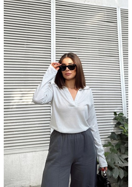 Kadın Mint Polo Yaka Keten Bluz, Uzun Kol, Regular Kesim, Günlük ve Spor Kaliteli Kumaş Sweatshirt fiyatları