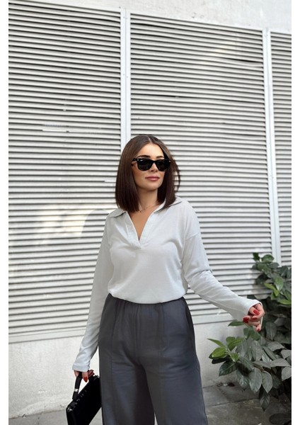 Kadın Mint Polo Yaka Keten Bluz, Uzun Kol, Regular Kesim, Günlük ve Spor Kaliteli Kumaş Sweatshirt modelleri