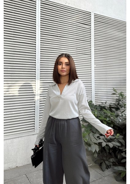 Kadın Mint Polo Yaka Keten Bluz, Uzun Kol, Regular Kesim, Günlük ve Spor Kaliteli Kumaş Sweatshirt fırsatları