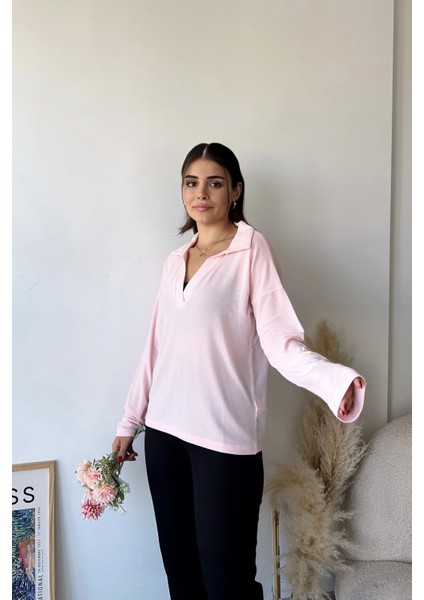 Kadın Pudra Polo Yaka Keten Bluz, Uzun Kol, Regular Kesim, Günlük ve Spor Sweatshirt