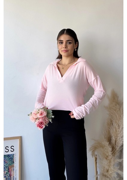 Kadın Pudra Polo Yaka Keten Bluz, Uzun Kol, Regular Kesim, Günlük ve Spor Sweatshirt