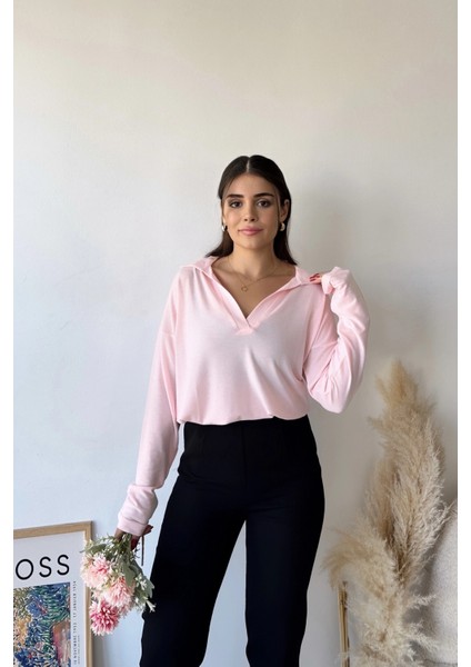 Kadın Pudra Polo Yaka Keten Bluz, Uzun Kol, Regular Kesim, Günlük ve Spor Sweatshirt