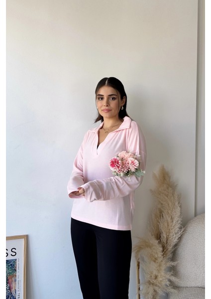 Kadın Pudra Polo Yaka Keten Bluz, Uzun Kol, Regular Kesim, Günlük ve Spor Sweatshirt