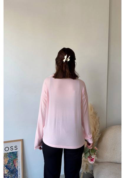 Kadın Pudra Polo Yaka Keten Bluz, Uzun Kol, Regular Kesim, Günlük ve Spor Sweatshirt