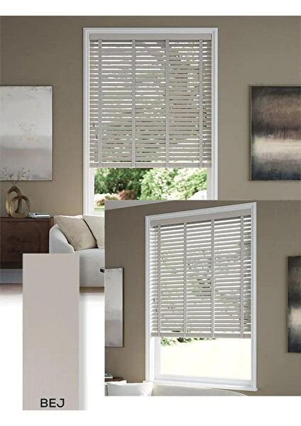 YS Perde Tasarım Wooden Blinds %100 Doğal Ahşap Jaluzi Perde 50MM, Alüminyum Kasalı Jaluzi - Bej Kurdelalı