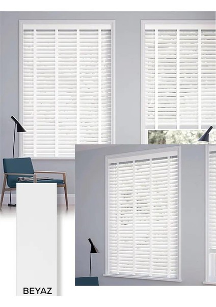 Wooden Blinds %100 Doğal Ahşap Jaluzi Perde 50MM, Alüminyum Kasalı Jaluzi - Beyaz Kurdelalı