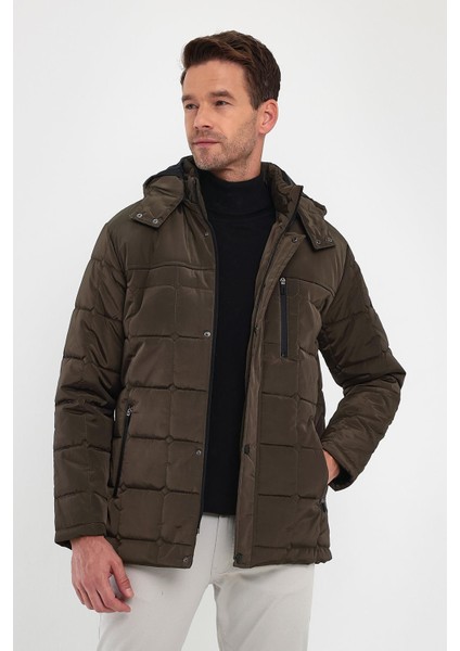 Erkek Kahverengi Standart Fit Normal Kesim Çıkmalı Kapüşon Dik Yaka Mont fiyatları