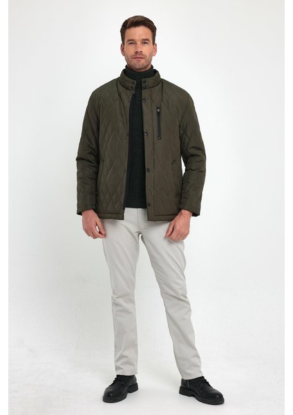 Erkek Yeşil Standart Fit Normal Kesim Içi Kürklü Dik Yaka Çıtçıtlı Dolgulu Desenli Overcoat indirimleri