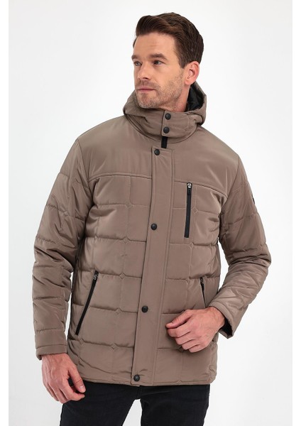 Erkek Krem Standart Fit Normal Kesim Çıkmalı Kapüşon Dik Yaka Mont modelleri