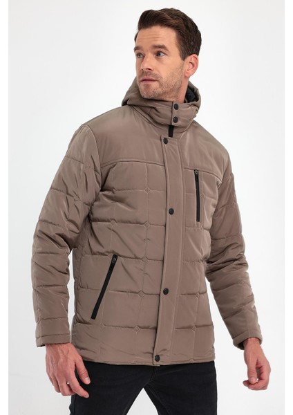 Erkek Krem Standart Fit Normal Kesim Çıkmalı Kapüşon Dik Yaka Mont indirimleri