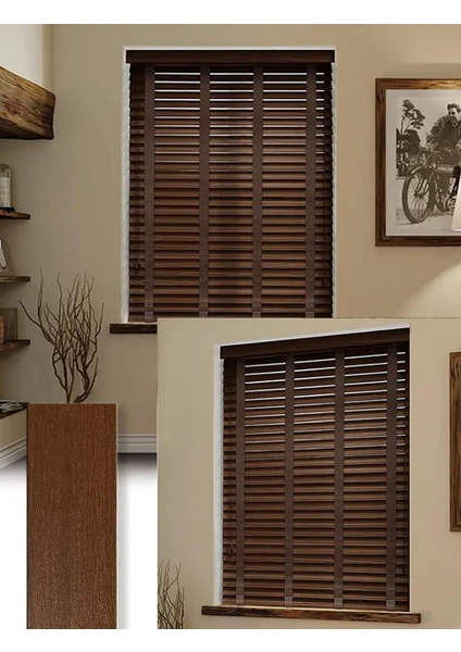 YS Perde Tasarım Wooden Blinds %100 Doğal Ahşap Jaluzi Perde 50MM, Alüminyum Kasalı Jaluzi - Ceviz Kurdelalı