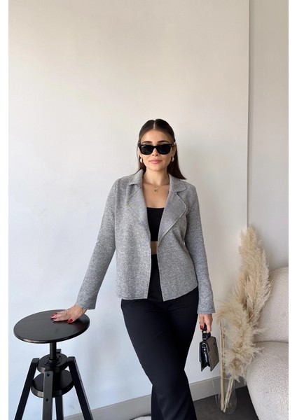Kadın Gri Uzun Kol, Yumuşak Dokulu, Çift Taraflı Yaka, Hırka Ceket