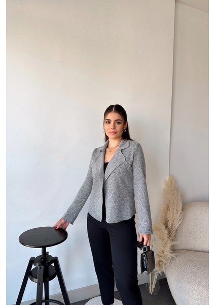 Kadın Gri Uzun Kol, Yumuşak Dokulu, Çift Taraflı Yaka, Hırka Ceket fiyatları
