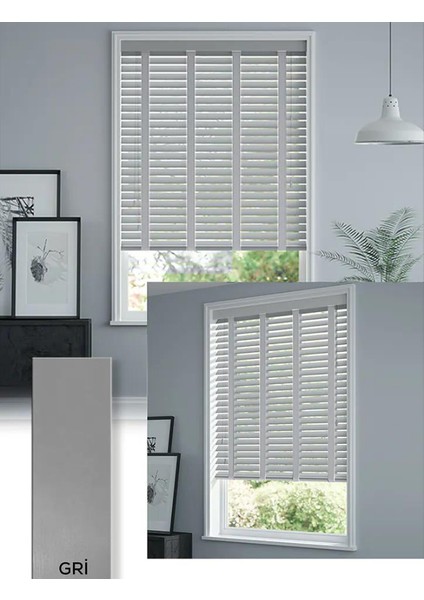 YS Perde Tasarım Wooden Blinds %100 Doğal Ahşap Jaluzi Perde 50MM, Alüminyum Kasalı Jaluzi - Gri Kurdelalı