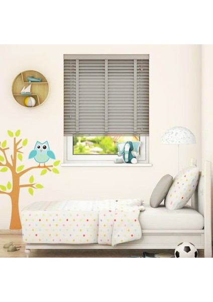 Wooden Blinds %100 Doğal Ahşap Jaluzi Perde 50MM, Alüminyum Kasalı Jaluzi - Gri Kurdelalı