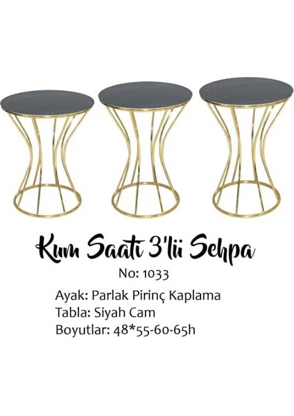 Brc Kum Saat Model Zigon Sehpa Siyah Temper Cam Metal Altın Renk Kaplam El Yapım