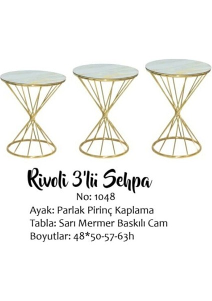 Brc Zigon Rivoli Model Sehpa Metal Çelik Gold Renk Kaplama Beyaz Mermer Temper Cam El Yapım