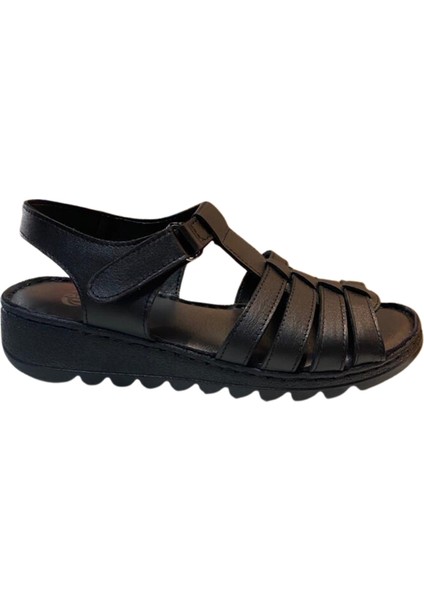 AKM-012 Kadın Siyah Hakiki Deri Sandalet