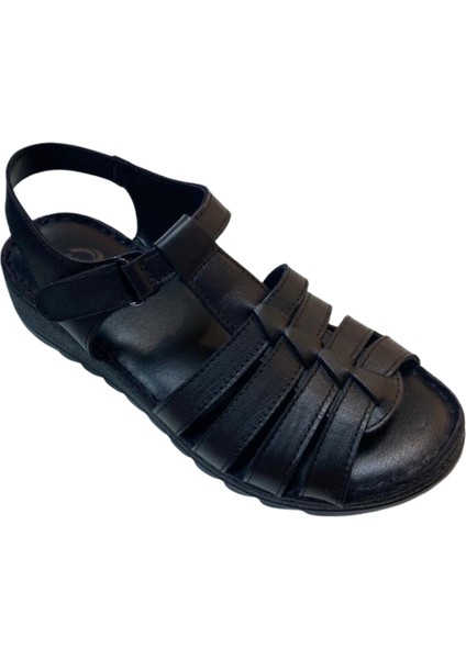 AKM-012 Kadın Siyah Hakiki Deri Sandalet