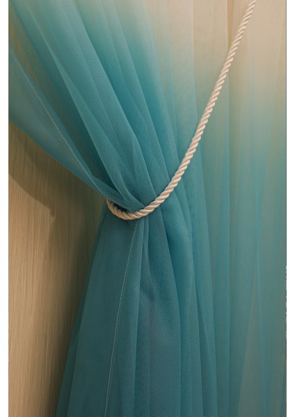 Degrade Renk Geçişli Petrol Mavisi Etekleri Nakışlı Kruvaze Seyrek Pile Tül Perde modelleri