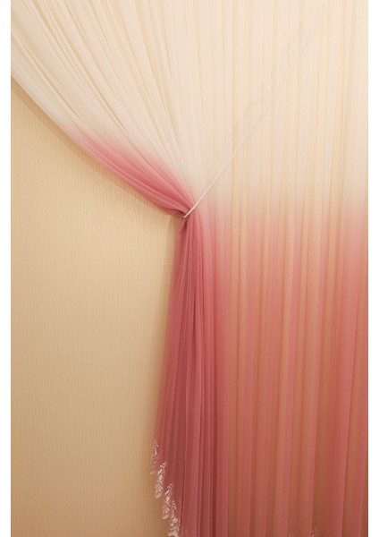 Degrade Renk Geçişli Pembe Etekleri Nakışlı 1-2 Seyrek Pile Halatlı Tül Perde fiyatları