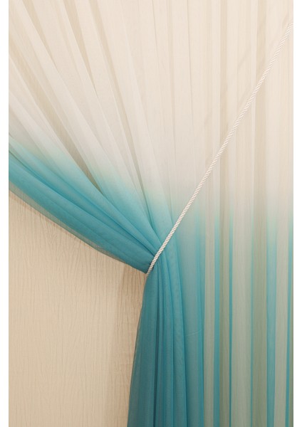 Degrade Renk Geçişli Petrol Mavi Etekleri Nakışlı 1-2 Seyrek Pile Halatlı Tül Perde fiyatları