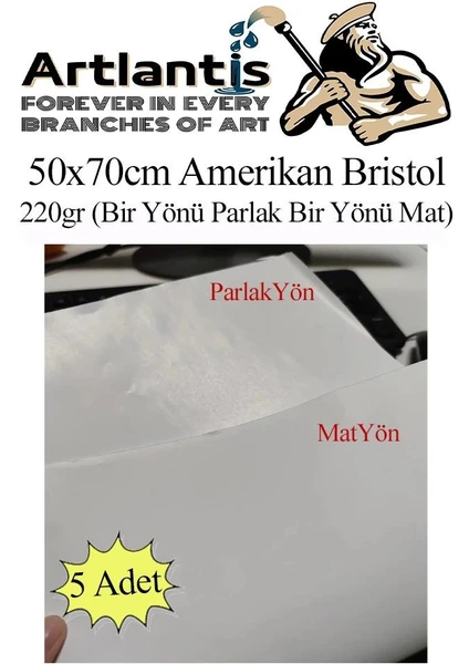 Amerikan Bristol Karton 50 x 70 cm 5 Adet 220 gr Bir Tarafı Parlak Bir Tarafı Mat Kağıt Biristol Karton