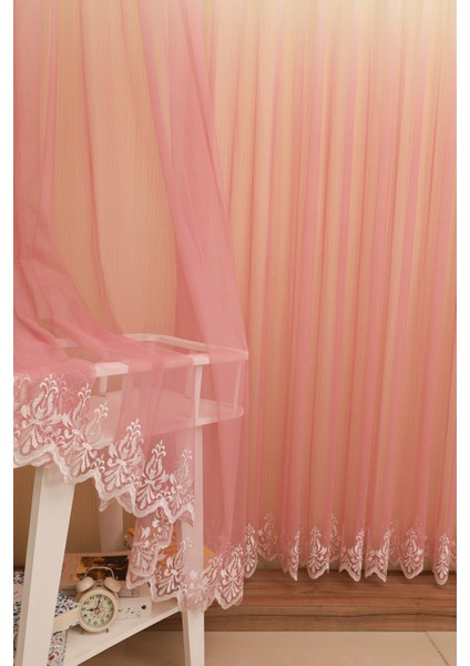 Degrade Renk Geçişli Pembe Etekleri Nakışlı Kruvaze Seyrek Pile Tül Perde fırsatları