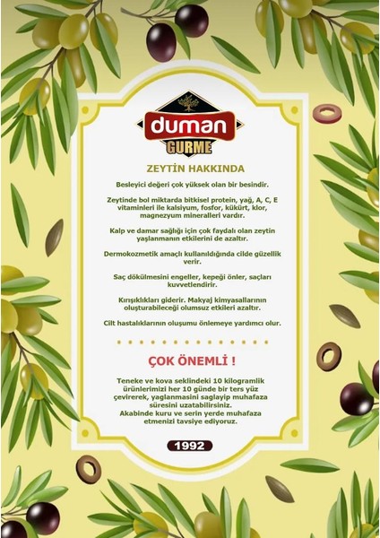 Duman Gurme Kahvaltılık Gemlik Siyah Zeytin M Boy (260-290) Klb 10 kg