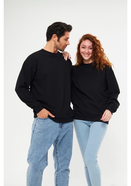 Unisex Siyah Waffle Kumaş Bol Kalıp Basic Sweatshirt (Sevgili - Çift Kombini Tavsiyesi) 1 ADET FİYATI