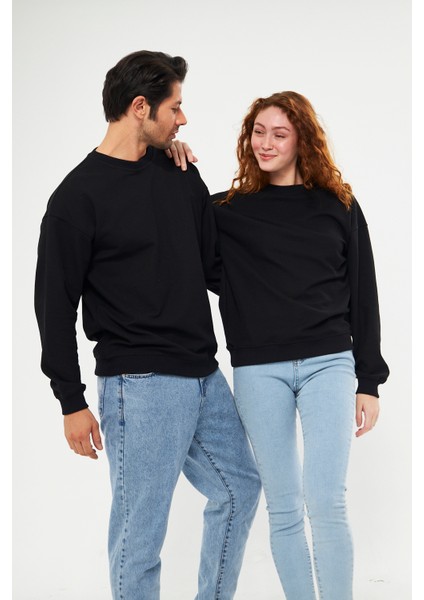 Unisex Siyah Waffle Kumaş Bol Kalıp Basic Sweatshirt (Sevgili - Çift Kombini Tavsiyesi) 1 ADET FİYATI fiyatları