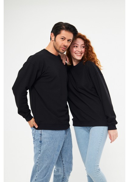 Unisex Siyah Waffle Kumaş Bol Kalıp Basic Sweatshirt (Sevgili - Çift Kombini Tavsiyesi) 1 ADET FİYATI modelleri