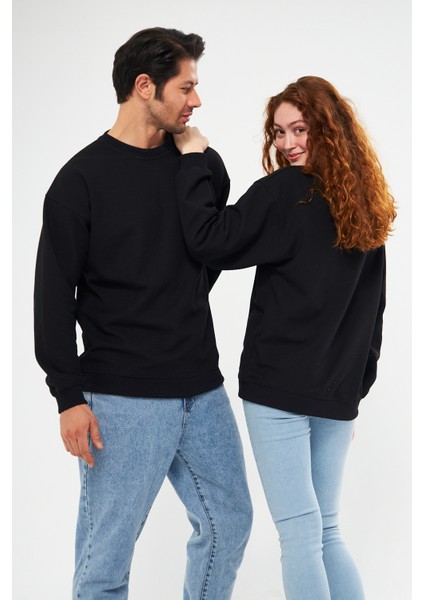 Unisex Siyah Waffle Kumaş Bol Kalıp Basic Sweatshirt (Sevgili - Çift Kombini Tavsiyesi) 1 ADET FİYATI fırsatları