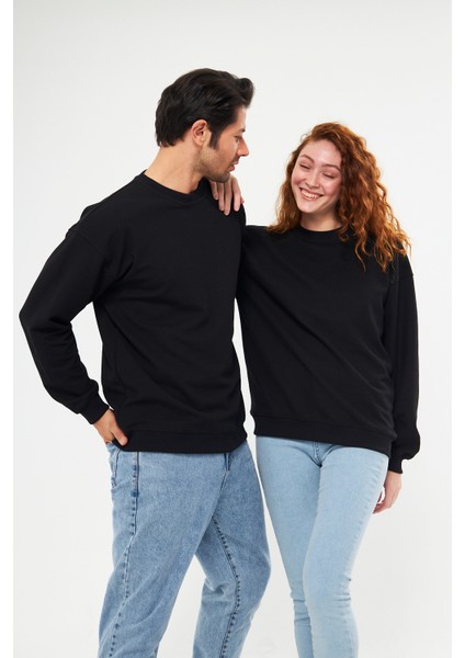 Unisex Waffle Kumaş Siyah Basic Sweatshirt (Sevgili - Çift Kombini Tavsiyesi) 1 ADET FİYATI