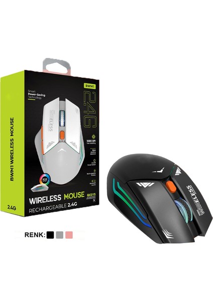 Bwm1 USB Alıcılı 2.4g Rgb Işıklı Şarj Edilebilir Optik Kablosuz Mouse